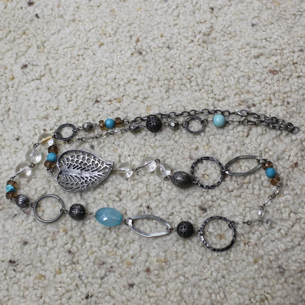 Long Station Necklace Filigree Leaf Turquoise Bead Silver Tone 34 Inch Boho OS